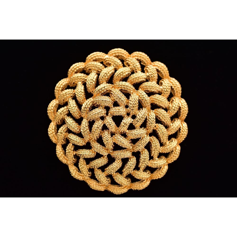 Monet Vintage Round Pin Brooch Textured Brushed Gold Chunky Signed 1980s BinBP